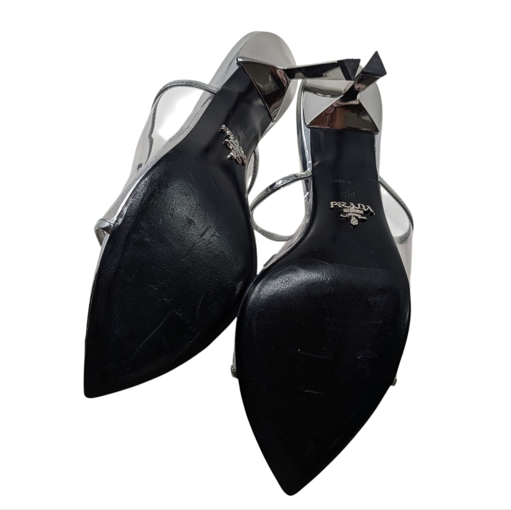 Prada PVC Pointed Plexiglass Metallic Triangle Logo Clear Sandal Mule Slides 38 - Picture 10 of 12
